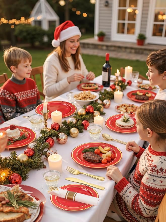 175 Pieces Red Plastic Plates with Gold Rim Include Dinner Plate 10?? Dessert Plate 7?? gold Cups 9 OZ, Pre Rolled Napkins 25 of each type for Party Valentine's Day