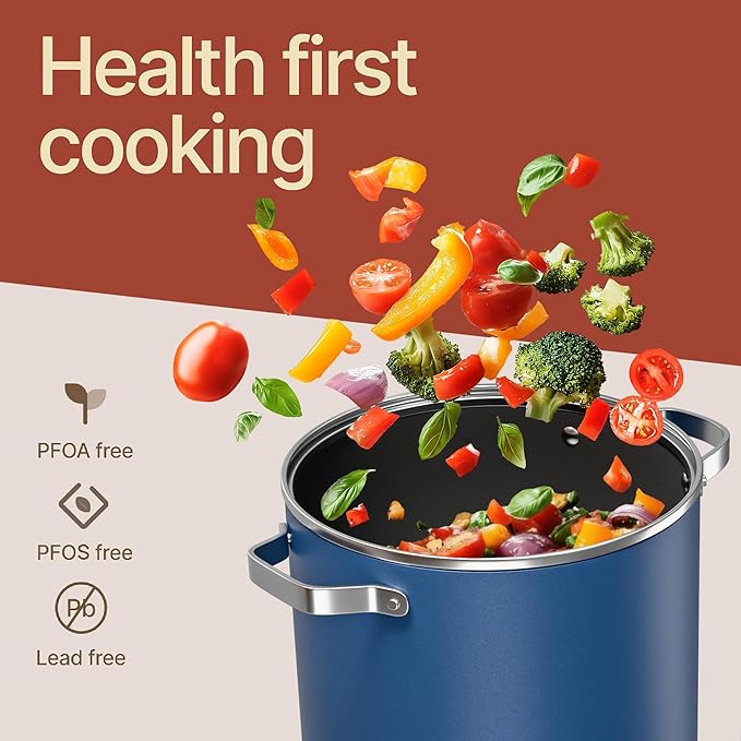 Bakken 8.5 Quart Ceramic Coated Stock Pot with Lid, Easy Clean Nonstick Pot, Tempered Glass Lid, Riveted Stainless Steel Handles, Oven Safe Up To 500째F, PTFE & PFAS Free, All Stove Compatible, Blue