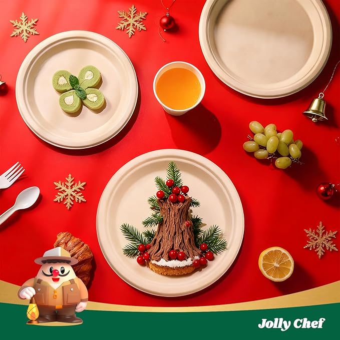 JOLLY CHEF Compostable Heavy Duty Plates 9 Inch [300 Pack] Eco-Friendly Disposable Natural Paper Plates Bagasse Biodegradable Sugarcane Bulk for Party Dinner Lunch Hot Cold Food Christmas (Brown)