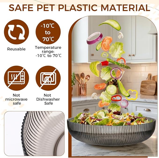 10 Pack 10 Inch Large Plastic Serving Bowls Salad Mixing Bowl Vertical Ribbed Pattern Buffet Party Serving Bowls for Vegetable Fruit Salad Candy Chip Popcorn Snack(Glacier Grey)