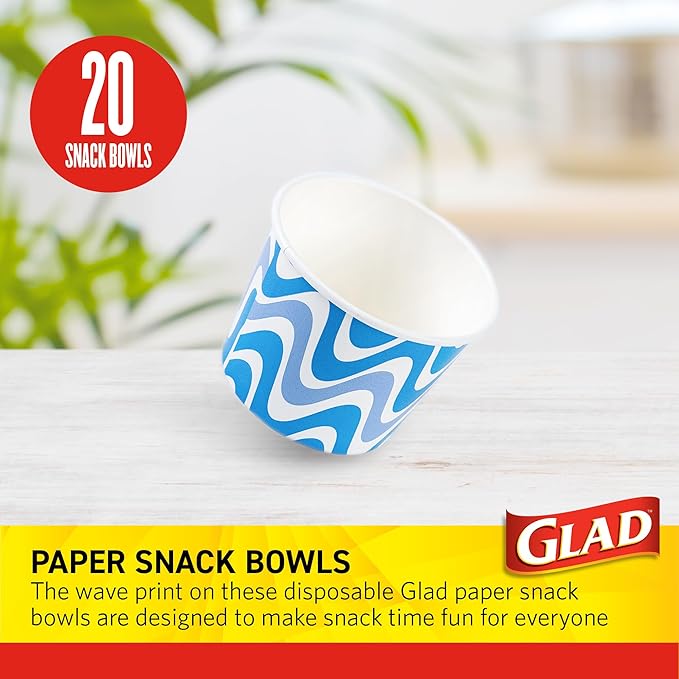 Glad Everyday Paper Snack Bowls with Blue Wave Print, Lids Not Included - Disposable Snack Bowls, Heavy Duty Paper Bowls for Everyday Use, 12 Ounces, 20 Count