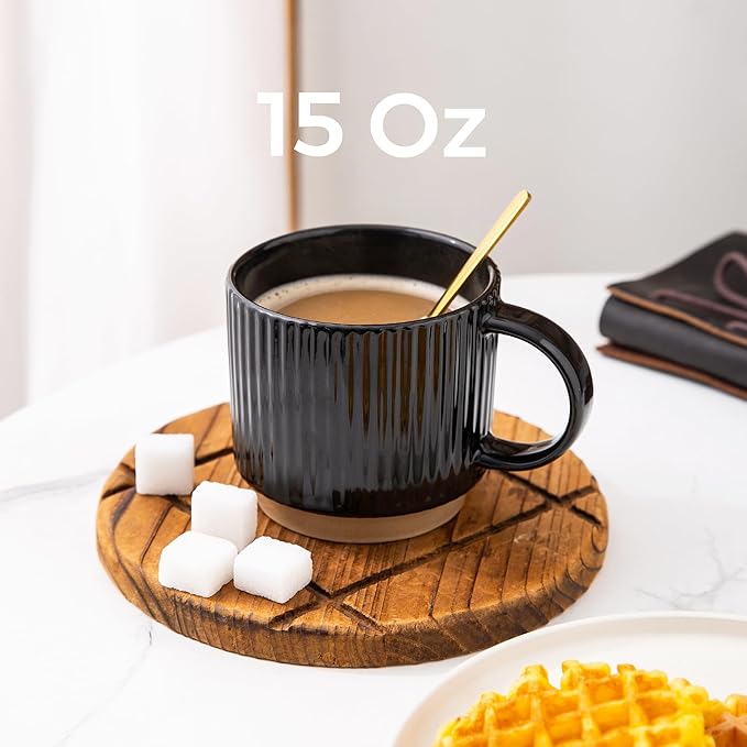GBhome 15OZ Stackable Coffee Mugs, Ceramic Coffee Mugs with Texture Patterns for Man,Woman,Dad,Mom, Modern Coffee Cups Set of 4 for Latte/Cappuccino/Cocoa. Dishwasher&Microwave Safe竊똁lack