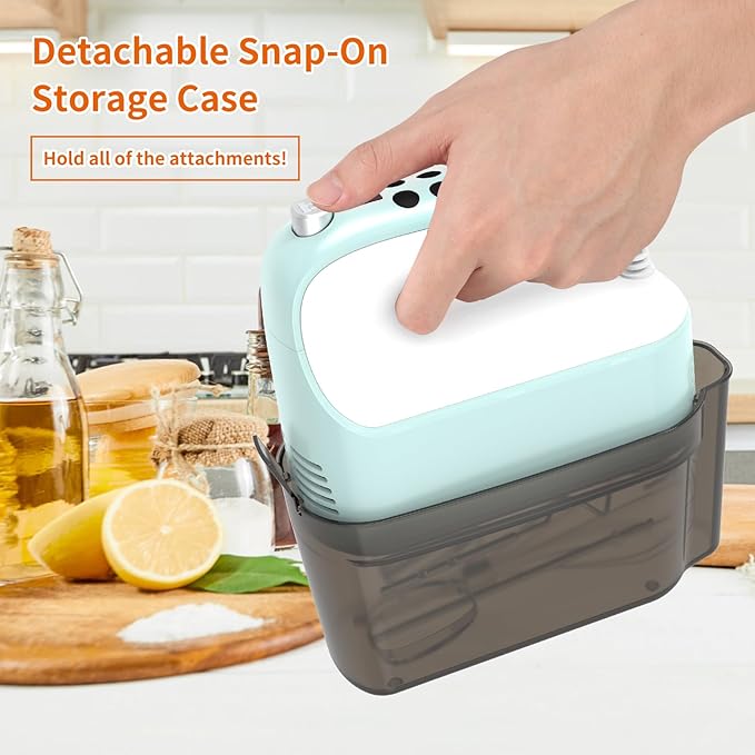 9-Speed Digital Hand Mixer Electric, 400W Powerful DC Motor, Baking Handheld with Snap-On Storage Case, 5 Stainless Steel Accessories, Flat Beaters, Dough Hooks, Whisk(Ice Blue/White)