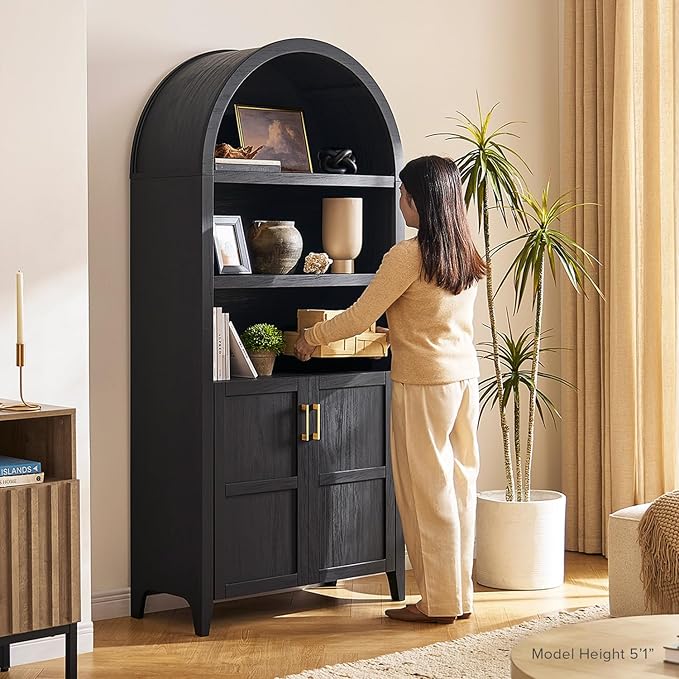 mopio Lauren 77.4" Tall Arched Cabinet, The Original 5-Tier Bookcase with Doors and Adjustable Shelves, Arch Bookshelf with Storage, Wooden Storage Cabinet for Living Room and Kitchen Pantry (Black)