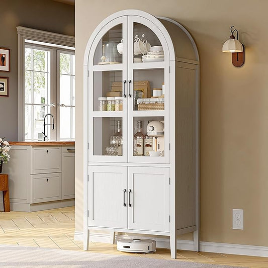 ONBRILL 71" Tall Arched Cabinet, 5-Tier Arched Kitchen Pantry with Glass Doors & Shelves, Modern Display Arch Cabinet with Adjustable Feet, Wooden Pantry for Living Room, Dining Room, Off White