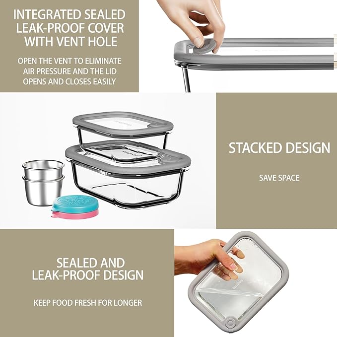 Glass Food Storage Containers with Silicone Glass Lids, 304 Stainless Steel Salad Dressing Containers, Microwave-safe LeakProof Food Containers Set, 100% Plastic Free-4-pack（Grey）