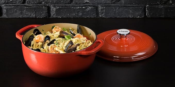 Lodge 6 Quart Enameled Cast Iron Dutch Oven with Lid ??Dual Handles ??Oven Safe up to 500째 F or on Stovetop - Use to Marinate, Cook, Bake, Refrigerate and Serve ??Poppy