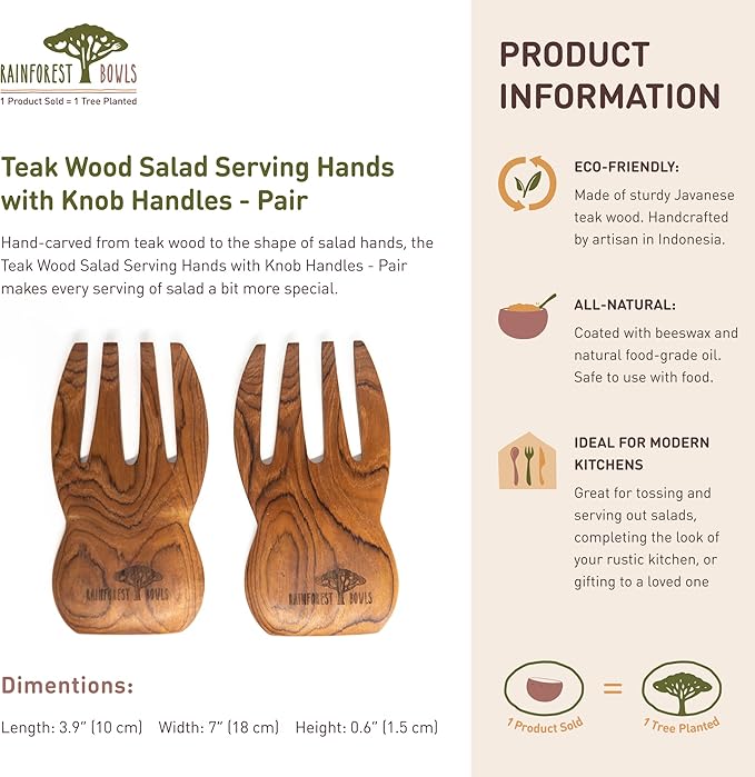 Rainforest Bowls Teak Wood Salad Serving Hands - Pair 4-Pack - Wooden Spork for Salad - 7 Inch - Artisan Made Flatware from Indonesia - Unique Handmade Kitchen/Dining Table Decor