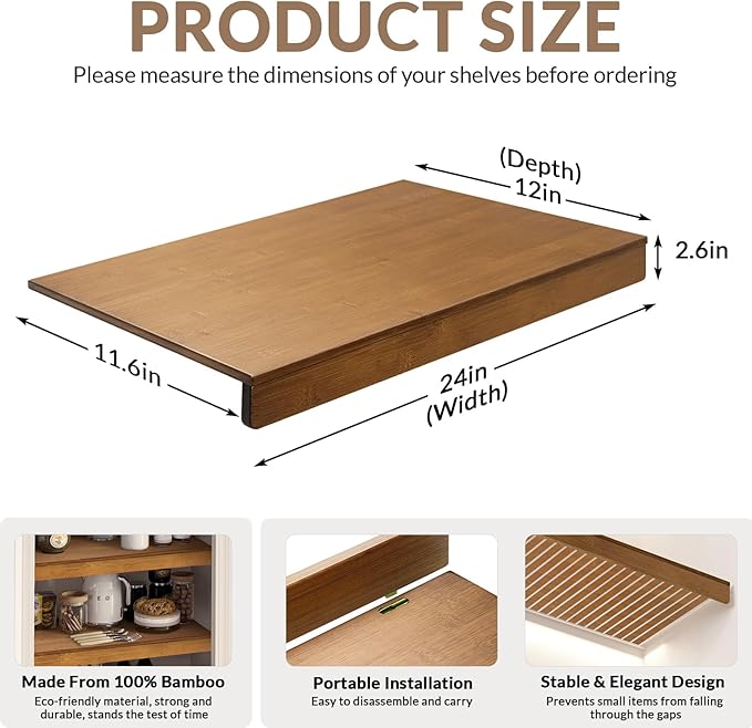 Wire Shelf Covers, Bamboo Wire Rack Covers for Pantry, Closet (4pcs, 24" W x 12" D)