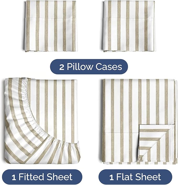Twin XL 4 Piece Sheet Set - Cooling and Breathable Bed Sheets - Hotel Luxury Bed Sheets for Women, Men, Kids & Teens - Deep Pockets - Easy Fit - Soft and Wrinkle Free - Twin XL Beige Stripes Sheets