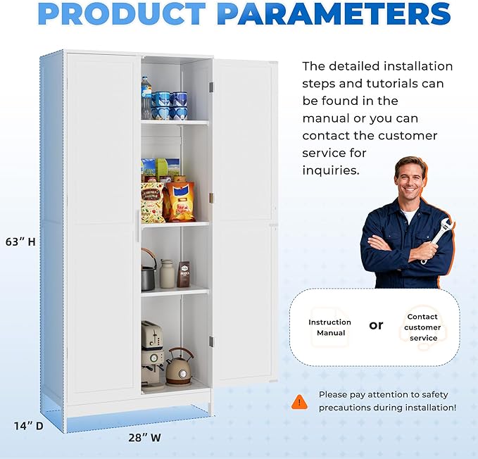 INTERGREAT Pantry Cabinets, Kitchen Storage Cabinets with 2 Door and Adjustable Shelves, White Kitchen Pantry Cabinet, Freestanding Cupboard for Dining Room, Living Room, Bathroom