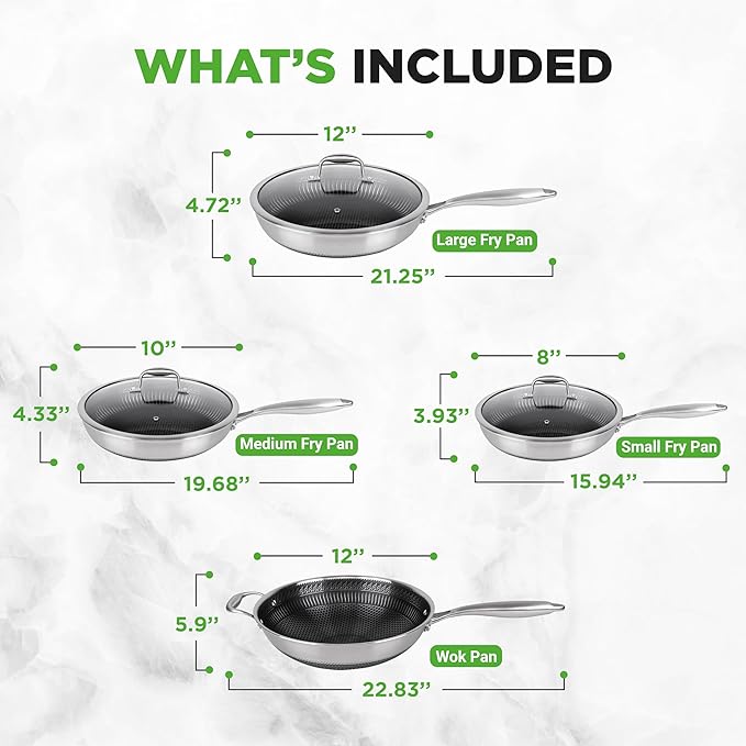 NutriChef 7-Piece Tri-Ply Stainless Steel Frying Pan Set & Wok ??Nonstick, Induction Compatible, Oven Safe, Scratch-Resistant, Dishwasher Safe