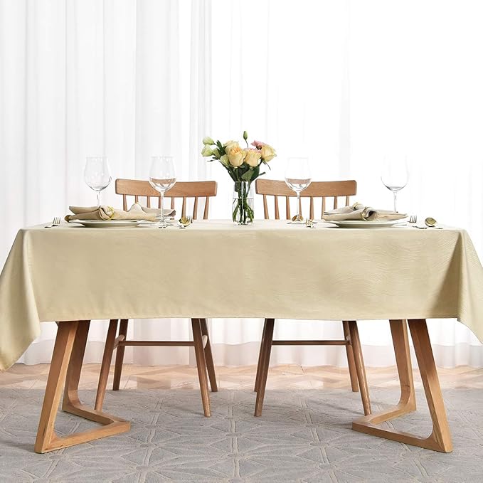 maxmill Jacquard Table Cloth Swirl Design Water Resistant Wrinkle Resistance Heavy Weight Soft Tablecloth for Kitchen Dinning Tabletop Decoration Oblong 60 x 140 Inch Beige