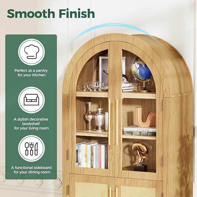 63??Arched Kitchen Pantry Cabinet ??5-Tier Modern Farmhouse Storage Cabinet w/Glass & Fluted Doors, Adjustable Shelves Bookcase for Kitchen, Living Room, Entry, Office, Engineered Wood, Oak