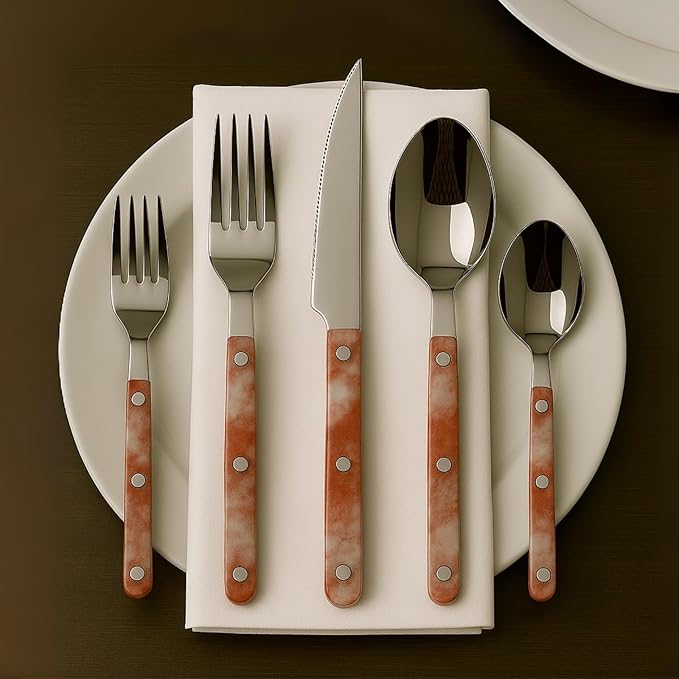 Khen 20-Piece Cutlery Set with Dinner Knives, Forks, Spoons, Salad Forks & Teaspoons ??Durable and Dishwasher Safe Utensil Set for Home, Kitchen, Weddings & Occasions - Blush Storm Pattern Handle