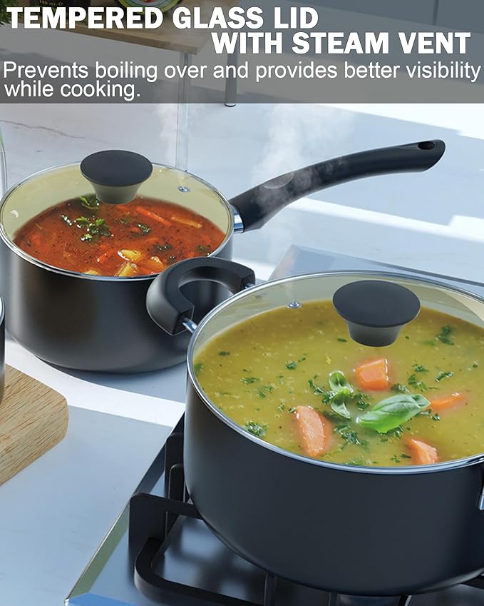 Cook N Home Pots And Pans Set Nonstick, 10 Piece Ceramic Cookware Sets, Kitchen Non Stick Cooking Set With Saucepans, Frying Pans, Dutch Oven Pot With Lids, Black