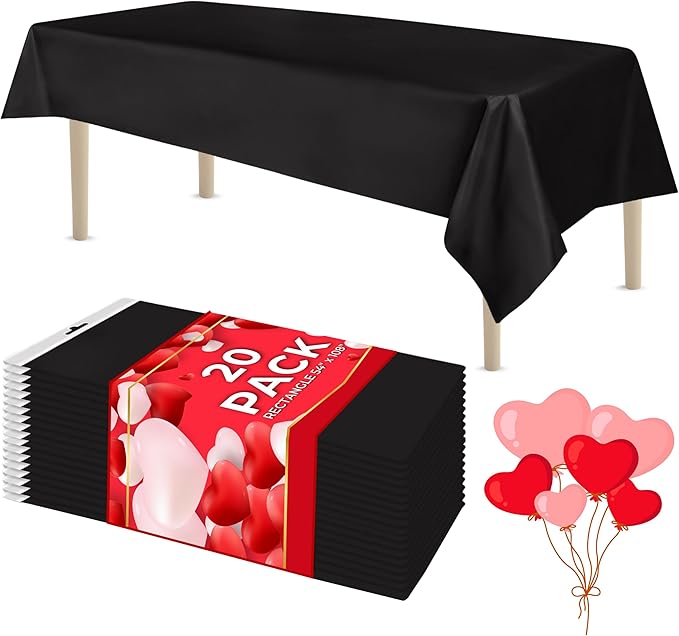 LEMON + Co. Black Rectangle Table Cover Disposable Plastic Tablecloth 54 Inch. x 108 Inch. Premium Decorative Rectangle Table Cover 20 Pack