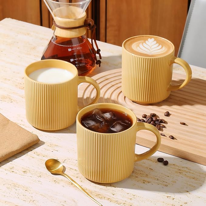 MONITO 16Oz Coffee Mugs Set of 6, Rustic Ceramic Coffee Cups Set with Large Handle, Vintage Striped Stoneware Coffee Mugs for Latte, Cocoa, Tea, Milk, Microwave & Dishwasher Safe, Lemon Yellow