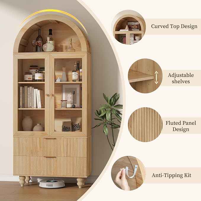 71" Tall Arched Pantry Cabinet With Glass Door, Fluted Kitchen Storage Cabinets with Shelves and Large Drawers, Wooden Buffet Cabinet Credenza for Living Room, Entryway, Coffee Station, Natrual Oak