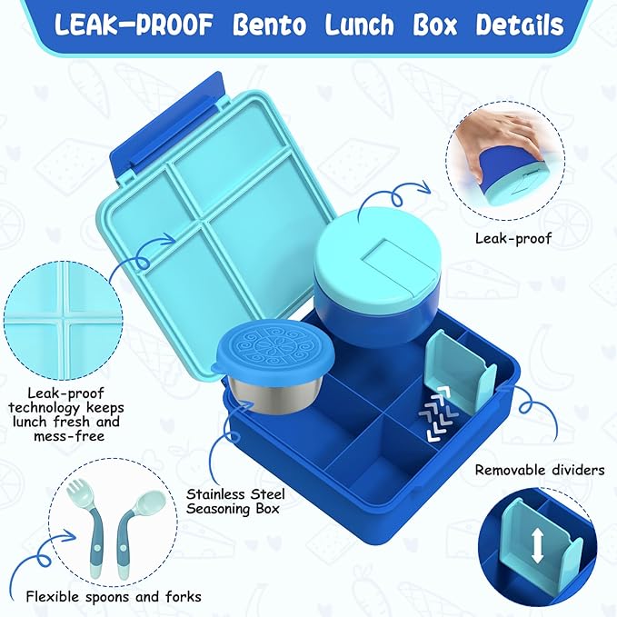 Aimsnk Kids Bento Lunch Box with 8oz Soup Thermo, Kids Leakproof Lunch Food Containers with 4 Compartment,Insulated Hot Food Jar with Lunch Bag for School, Travel (Blue)