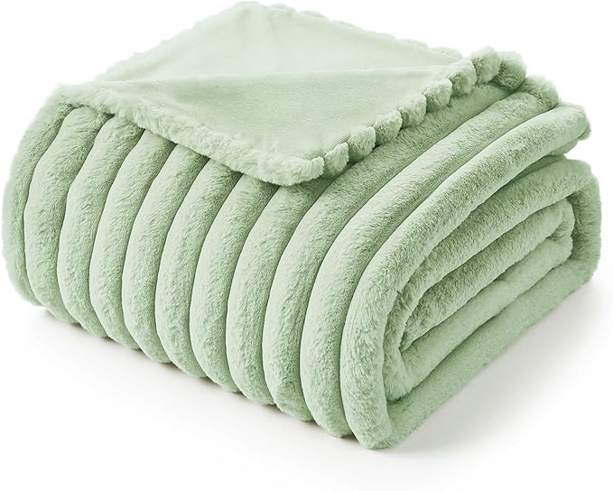 Am챕lie Home Faux Fur Throw Blanket for Couch, Cozy Fuzzy Fluffy Fur Luxurious Soft Striped Plush Gift Blankets for Family Sofa Chair Bedroom, 55"x70", Sage Green