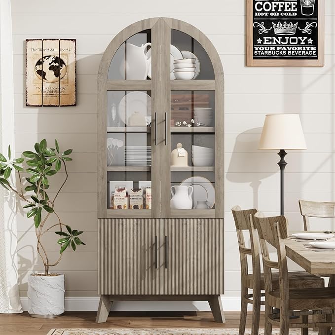 QUW 71" Modern Fluted Display Cabinet, Fluted Arched Pantry Cabinet, Tall Kitchen Storage Pantry with Adjustable Shelf, Storage Cabinet for Living Room, Dining Room, Grey