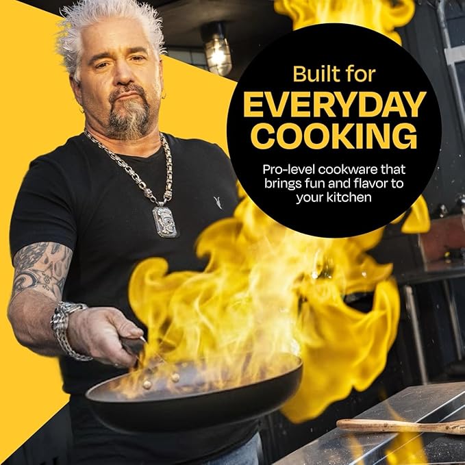 Guy Fieri's Flavortown 2-Piece Ceramic Cookware Set, Nonstick Frying Pan Set 10" and 12", Easy-Clean Kitchen Cookware, Made without PFAS PTFE PFOA, Induction Compatible, Oven & Dishwasher Safe, Black