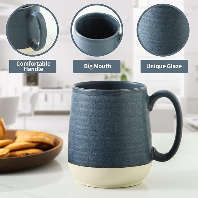 HASENSE Ceramic Large Coffee Mugs Set of 4-15 Ounce Porcelain Coffee Cups Set with Handle Perfect for Tea, Cocoa, Latte, Milk and Cappuccino, Modern Tea Cups Set for Man and Woman, Dark Blue