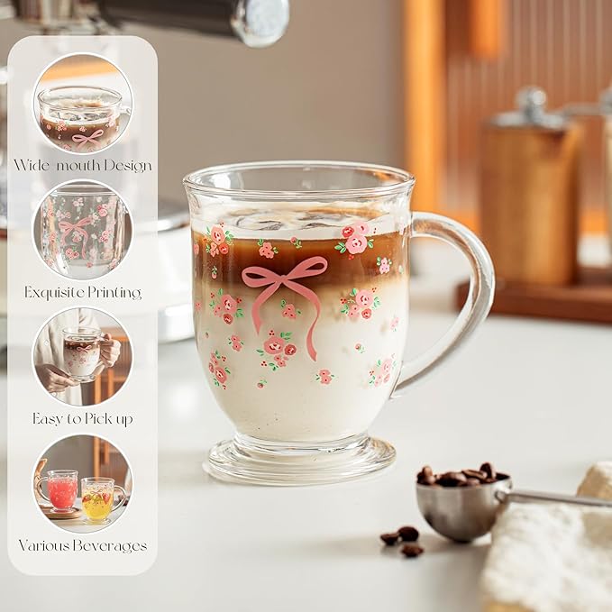 16oz Valentine's Coffee Mugs Set of 2 - Clear Flower Rose Bow Pattern Cups with Handle, Romantic Mug, Sweet Valentine's Gifts for Couple Drinking Glasses for Valentines Party- Dishwasher Safe