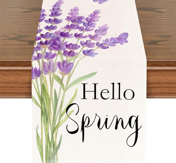 ZCHOMI Spring Purple Lavender Table Runner 13x72 Inch Hello Spring Butterfly Kitchen Dinning Table Decoration for Indoor Outdoor Home Party D챕cor