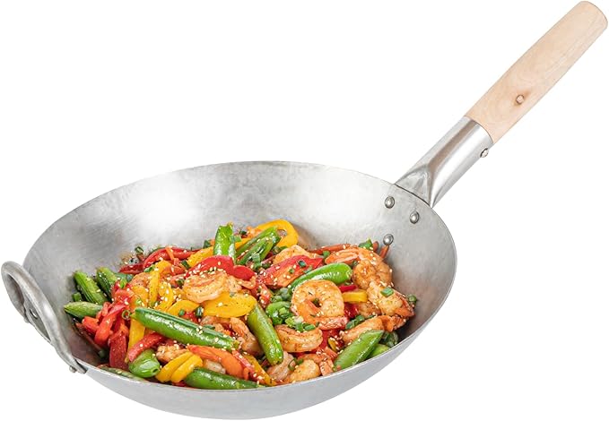 Restaurantware-Motomori 12 Inch Hand-Hammered Carbon Steel Woks, 10 Traditional Japanese Woks - Round Bottom, Wooden Handle, Black Carbon Steel Traditional Stir Fry Pans, With Helper Handle