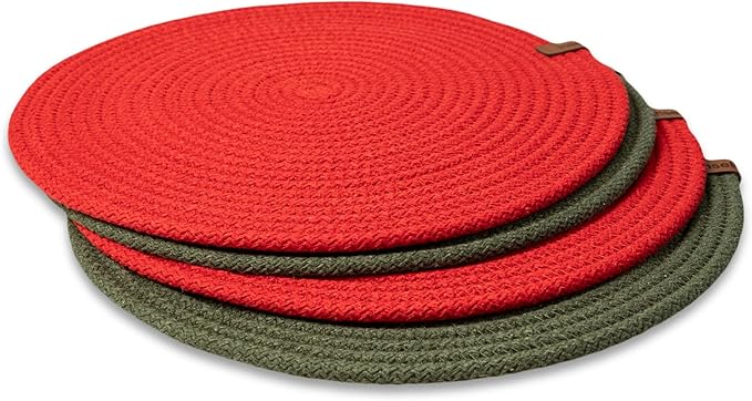 Round Placemats, Set of 4, Handmade by Braided Cotton Cord for Kitchen and Dining Table, Dia. 12.6 Inch, Doublesided, Heat Resistant, Washable, Red/Green
