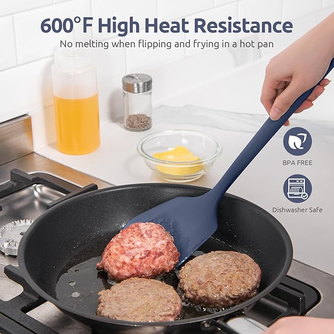600쨘F Heat Resistant Silicone Turners: U-Taste 13.6in Long Solid & Slotted Kitchen Spatula Flipper, Food Grade Wide & Large Flexible Cooking Utensils for Flipping Eggs, Pancakes (Midnight Blue, 2PCS)