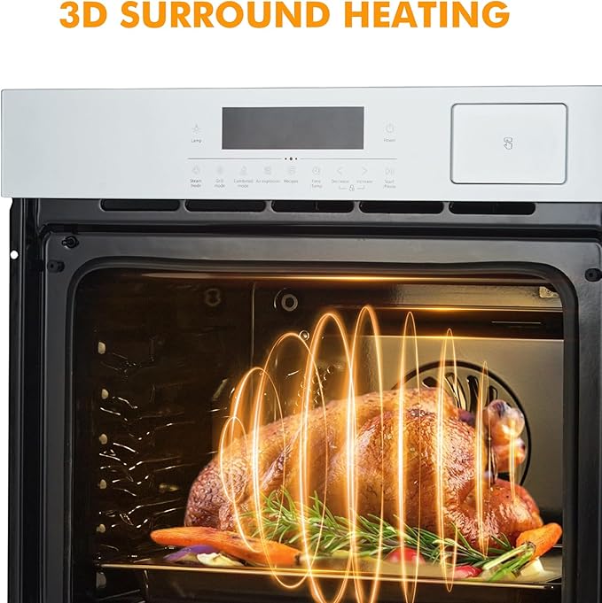 24" Built-in Single Wall Oven, 2.5 Cu.Ft (70L) Capacity - Electric Oven with Steam Bake, Air Fry & 3D Convection, Touch Controls, Timer, Safety Lock, Triple-Layer Glass Door, 3000W 240V, Silver