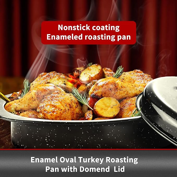 JY COOKMENT Granite Roaster Pan, Small 13??Enameled Roasting Pan with Domed Lid. Oval Turkey Roaster Pot, Broiler Pan Great for Small Chicken, Lamb. Dishwasher Safe Cookware Fit for 7Lb Bird
