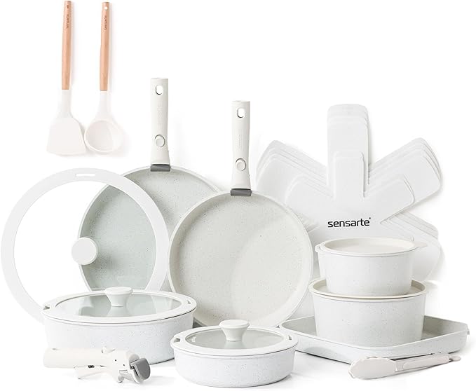 SENSARTE 24 Piece Pots and Pans Set, Nonstick Detachable Handle Cookware, Induction Kitchen Cookware Set with Removable Handle, Healthy Non Stick for RV, Dishwasher 竊?Oven Safe (White)