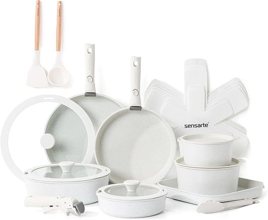 SENSARTE 24 Piece Pots and Pans Set, Nonstick Detachable Handle Cookware, Induction Kitchen Cookware Set with Removable Handle, Healthy Non Stick for RV, Dishwasher 竊?Oven Safe (White)