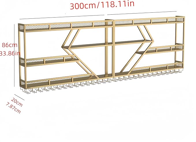 118 Inch Metal Wine Rack Wall Mounted, Modern Bar Shelves Wall Mounted Wine Rack with LED Light, Liquor Shelf Wall Mounted, Bar Shelves for Liquor Bottles (Gold with Blue Led, 118-3 Tier)
