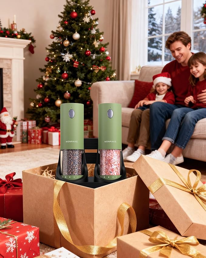 Electric Salt and Pepper Grinder Set - Automatic Refillable Salt and Pepper Grinders with Charging Base & LED Light, 6-Level Adjustable Coarseness with External Dial, Ideal Kitchen Gadget竊똆reen
