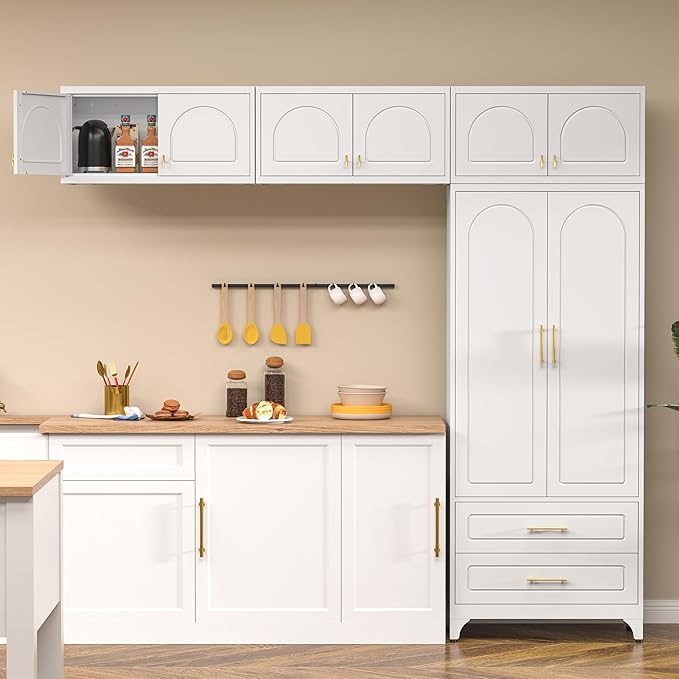 Kitchen Pantry Cabinet with 2 Drawers, 90" Tall Metal Storage Cabinets with Doors and Shelves, Food Cupboards for Dining, Living Room, 16" D x 32" W x 90" H, White, Assembly Required