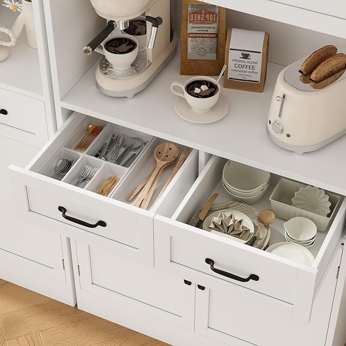 HOSTACK 71??Tall Kitchen Pantry Storage Cabinet, Modern Kitchen Hutch Bar Cabinet with Microwave Stand, Wood Buffet Sideboard with Hutch, Cupboard with Drawers, Shelves for Dining Room, White