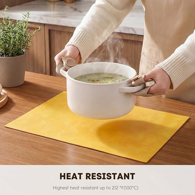 Artoid Mode Yellow Faux Leather Placemats Set of 4, 12x18 Inch Waterproof Wipeable Heat Resistant Place Mats, Reversible Table Mats for SummerKitchen Dining Decor