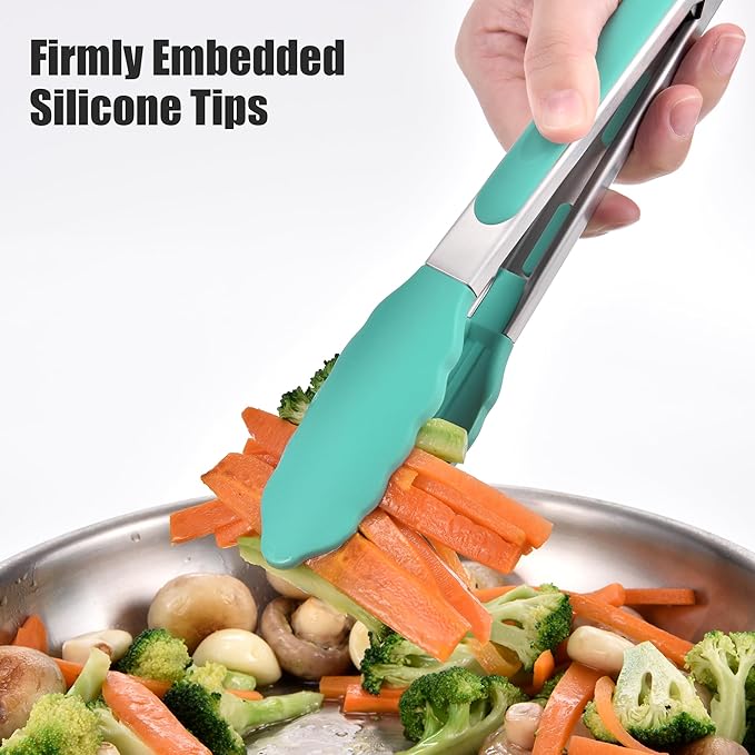 Doosu Kitchen Tongs for Cooking - 600째F Heat Resistant Food Tong Set with Non-Scratch Silicone Tips, Heavy Duty Stainless Steel Locking Tong for BBQ, Grilling Steak, Serving (7+9+12in, Aqua Sky)