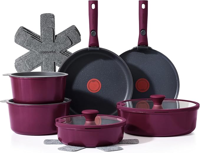 SENSARTE 17 Piece Pots and Pans Set, Nonstick Detachable Handle Cookware Set, Induction Thermo-Signal Cookware Set with Removable Handle, Healthy Non Stick for RV, Dishwasher 竊?Oven Safe (Purple)