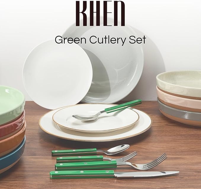 Khen Cutlery Set of 20, 18/8 Stainless Steel Flatware, Modern Silverware for Home, Kitchen, Dining & Table Setting for 4 ??Stainless Steel, Dishwasher Safe, Lightweight & Ergonomic Design Gift - Green