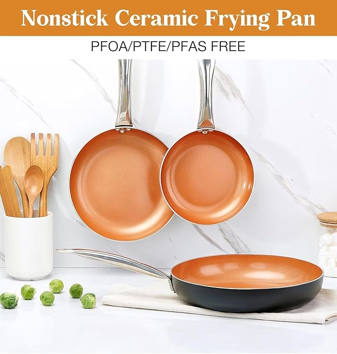 KOCH SYSTEME CS Little Skillet with Lid - 8" Copper Nonstick Frying Pan for Oven & Stove, Small Skillet with Ceramic Coating, Aluminum Nonstick Pan, 100% PFOA Free, All Stove Tops Compatible