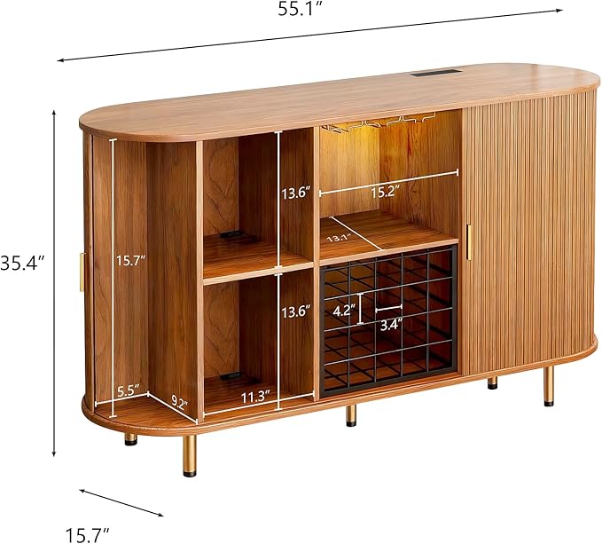 DHH 55" Wine Bar Cabinet with Storage, Fluted Liquor & Coffee Bar Cabinet with Wine Rack and Glass Holder, Buffet Sideboard with LED Lights for Home Kitchen Living Dining Room (Black) (Yellow Walnut)