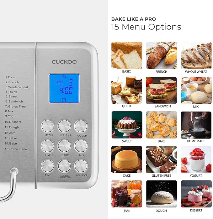 CUCKOO Bread Maker Machine with 15 Menu Options + 3 Crust Colors, 2 lbs Bread Machine with Automatic Fruit & Nut Dispenser, Includes 6 Accessories, Ideal Breadmaker for Sourdough (CBM-AAB101S)