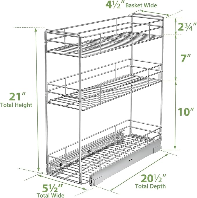 Pull Out Spice Rack Cabinet Organizer 5쩍" W x 20쩍" D, 3 Tier Heavy Duty Sliding Spice Cabinet Organization for Narrow Cabinet, Pull Out Shelves for Kitchen
