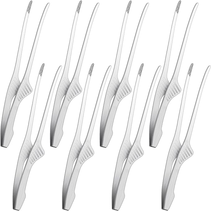 Patelai 8 Pieces Korean and Japanese BBQ Tongs Non Slip Cooking Utensils Stainless Steel Tongs for Serving Food, Salad, Camping, Barbecue, Buffet, Oven with Support Stand (Silver)